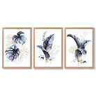 Set of 3 Navy Blue and Gold Tropical Leaves Framed Art Prints with Light Oak Frames