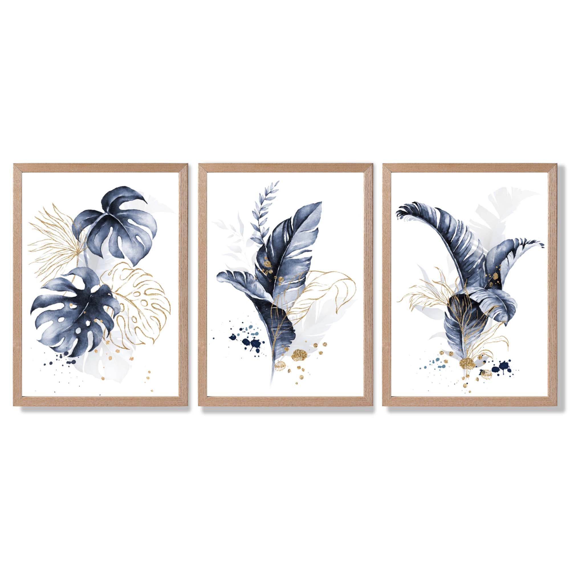 Set of 3 Navy Blue and Gold Tropical Leaves Framed Art Prints with Light Oak Frames