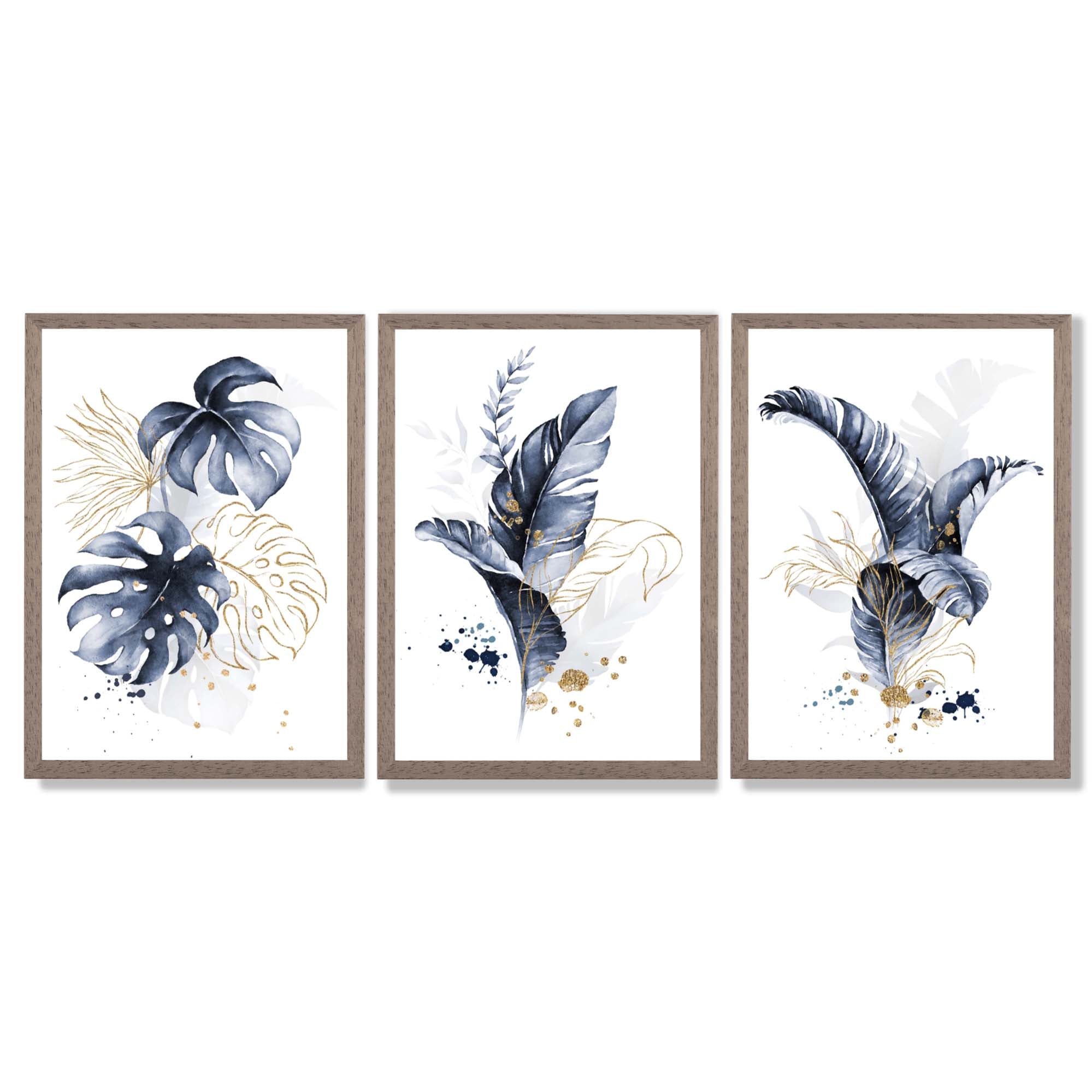 Set of 3 Navy Blue and Gold Tropical Leaves Framed Art Prints with Light Walnut Frames