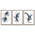 Set of 3 Navy Blue and Gold Tropical Leaves Framed Art Prints with Light Walnut Frames