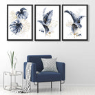 Set of 3 Navy Blue and Gold Tropical Leaves Art Prints in Black Frames | Artze UK