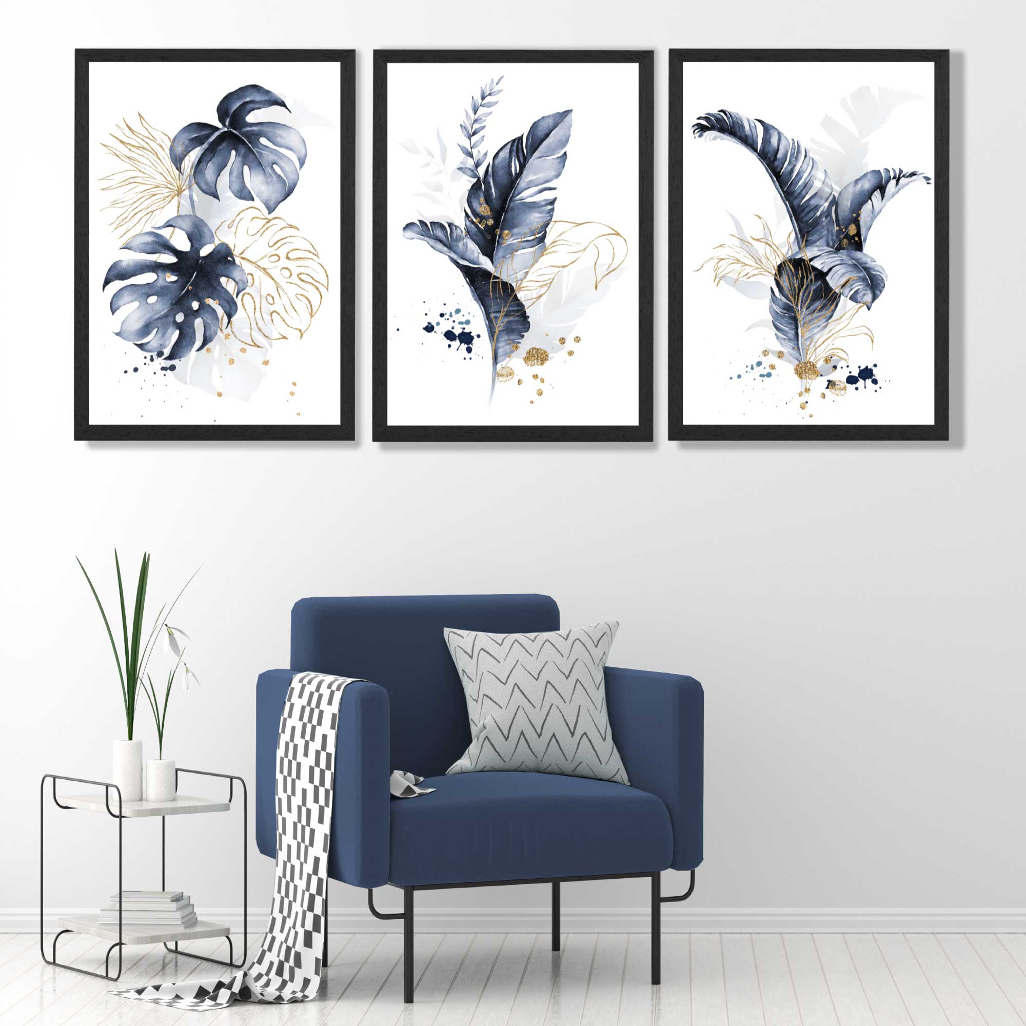 Set of 3 Navy Blue and Gold Tropical Leaves Art Prints in Black Frames | Artze UK