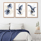 Set of 3 Navy Blue and Gold Tropical Leaves Art Prints in Oak Frames | Artze UK