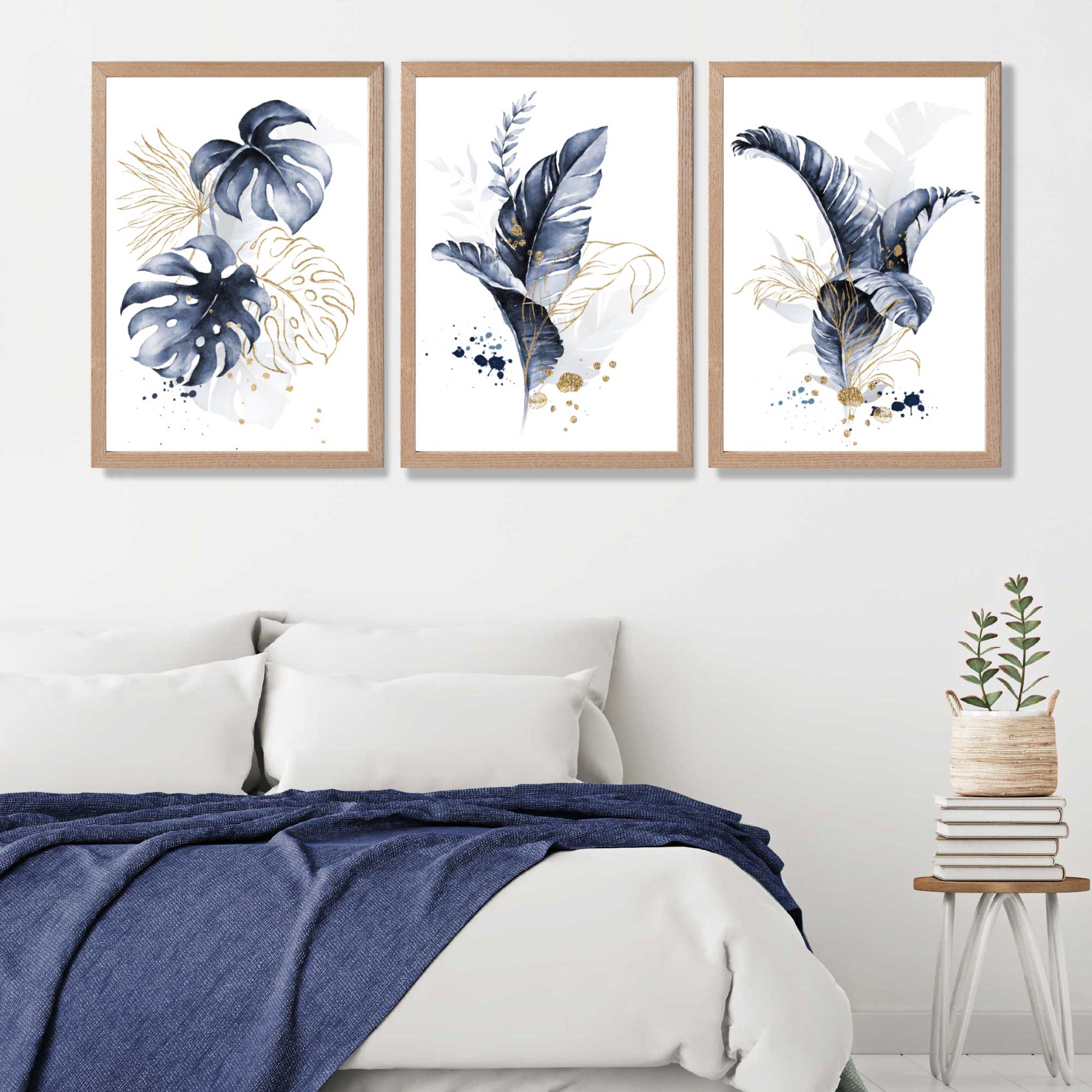 Set of 3 Navy Blue and Gold Tropical Leaves Art Prints in Oak Frames | Artze UK