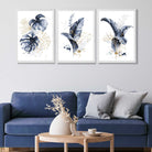 Set of 3 Navy Blue and Gold Tropical Leaves Art Prints in White Frames | Artze UK