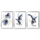 Set of 3 Navy Blue and Gold Tropical Leaves Framed Art Prints with Silver Wood Frames