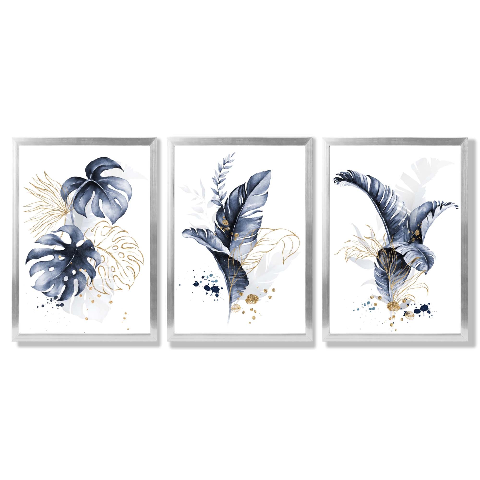 Set of 3 Navy Blue and Gold Tropical Leaves Framed Art Prints with Silver Wood Frames