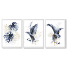 Set of 3 Navy Blue and Gold Tropical Leaves Framed Art Prints with White Wooden Frames