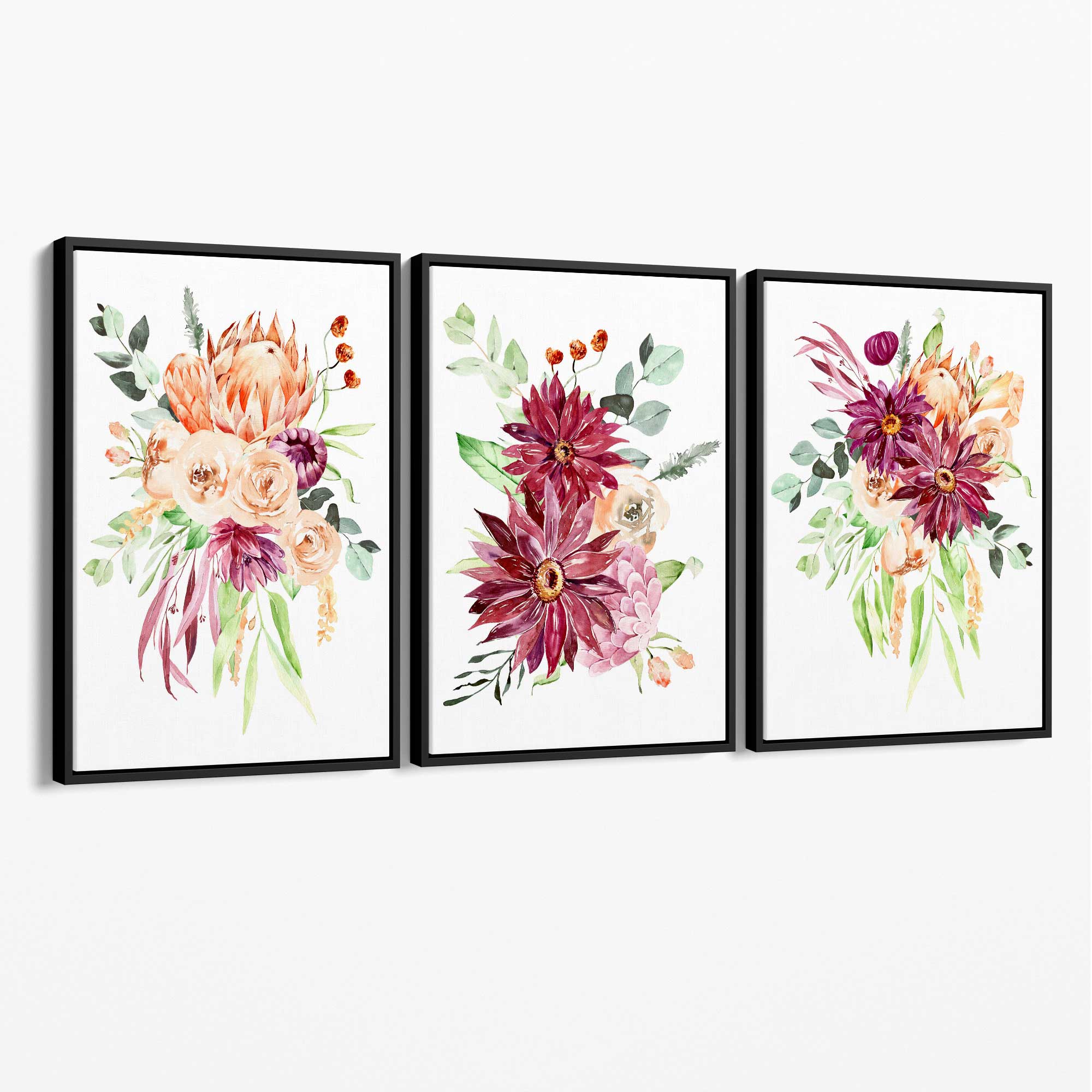 Set of 3 Orange and Purple Tropical Leaves Canvas Art Prints with Black Float Frame