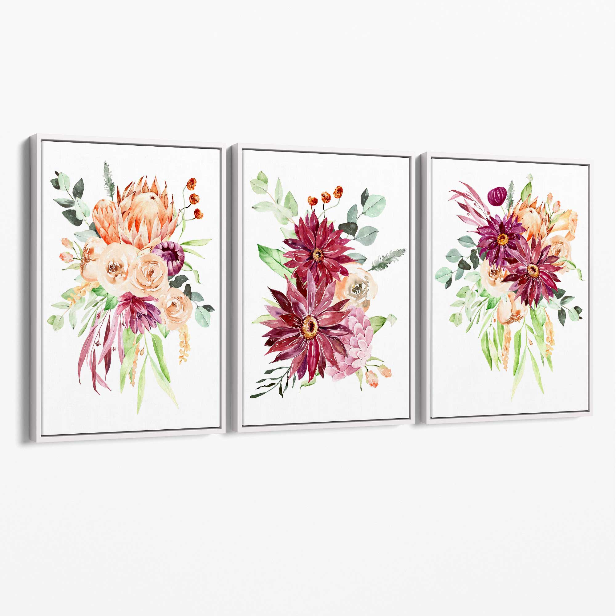 Set of 3 Orange and Purple Tropical Leaves Canvas Art Prints with White Float Frame