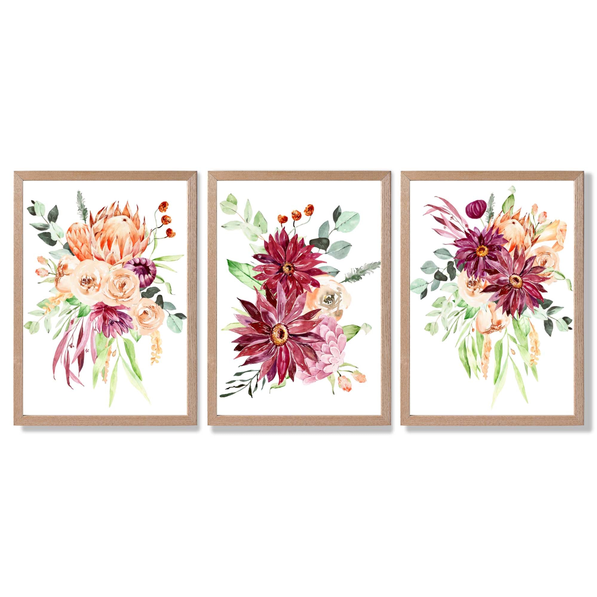 Set of 3 Orange and Purple Tropical Leaves Framed Art Prints with Light Oak Frames