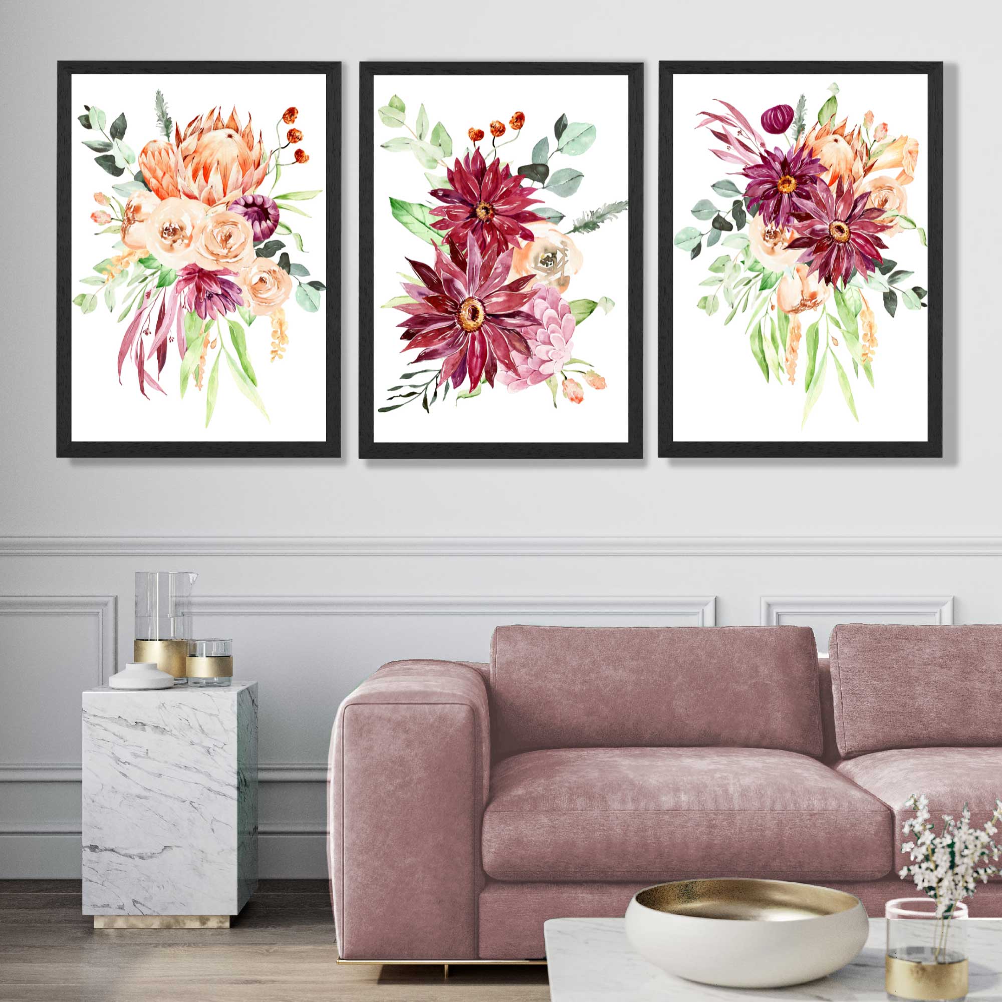 Set of 3 Orange and Purple Tropical Leaves Art Prints in Black Frames | Artze UK