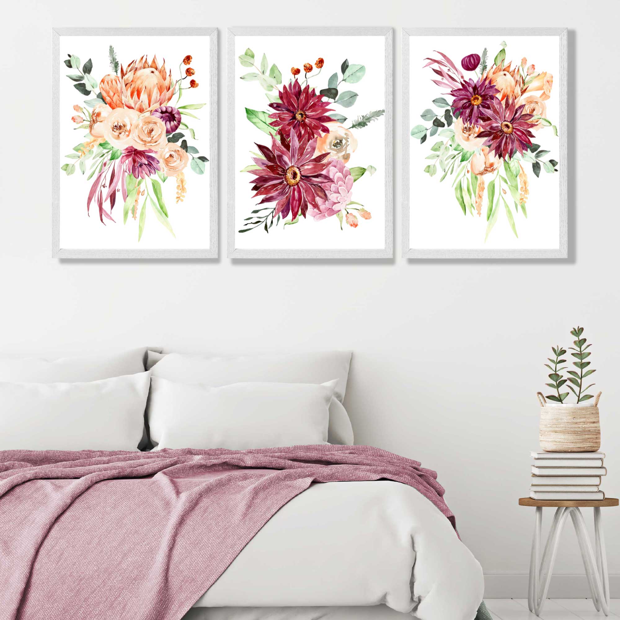 Set of 3 Orange and Purple Tropical Leaves Art Prints in White Frames | Artze UK