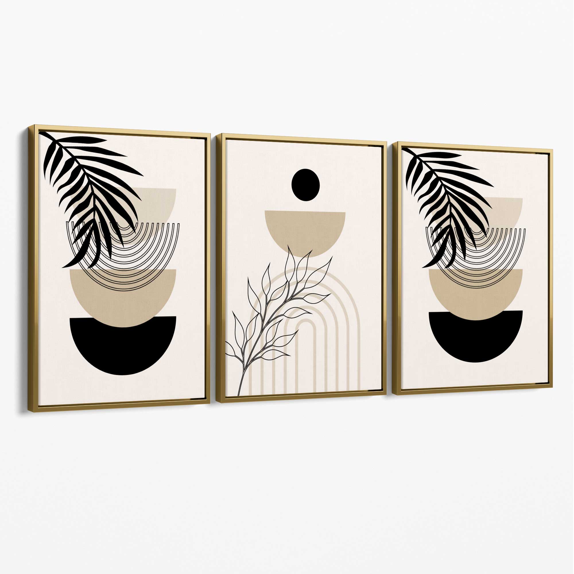 Set of 3 Boho Floral Beige and Black Canvas Art Prints with Gold Float Frame