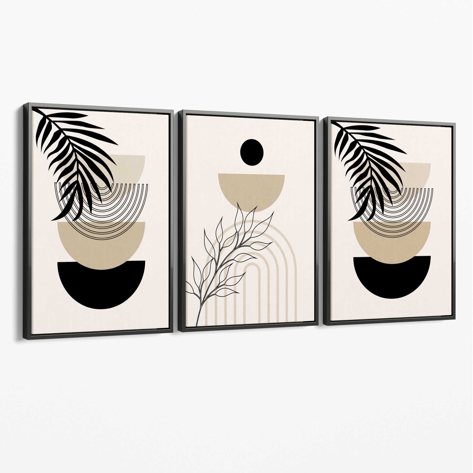 Set of 3 Boho Floral Beige and Black Canvas Art Prints with Grey Float Frame