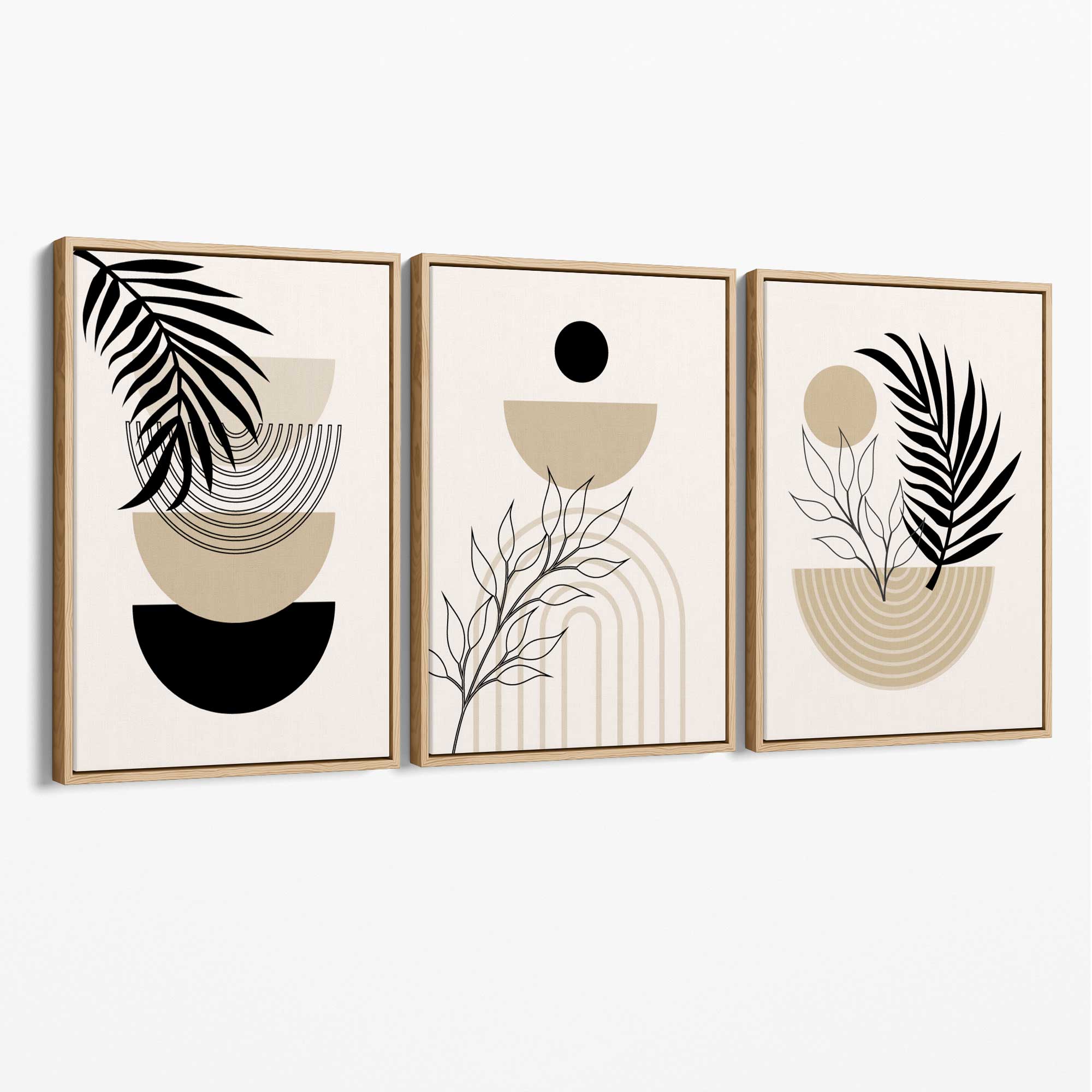 Set of 3 Boho Floral Beige and Black Canvas Art Prints with Oak Float Frame
