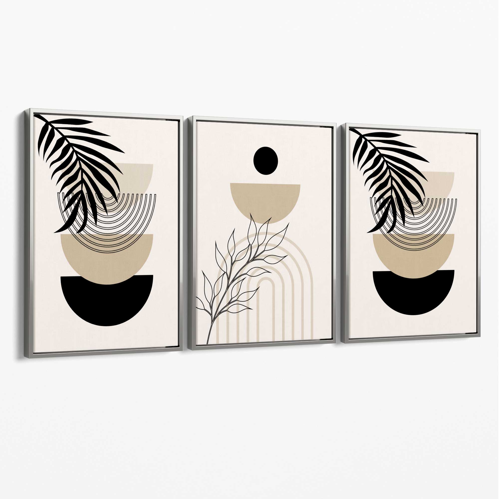 Set of 3 Boho Floral Beige and Black Canvas Art Prints with Silver Float Frame