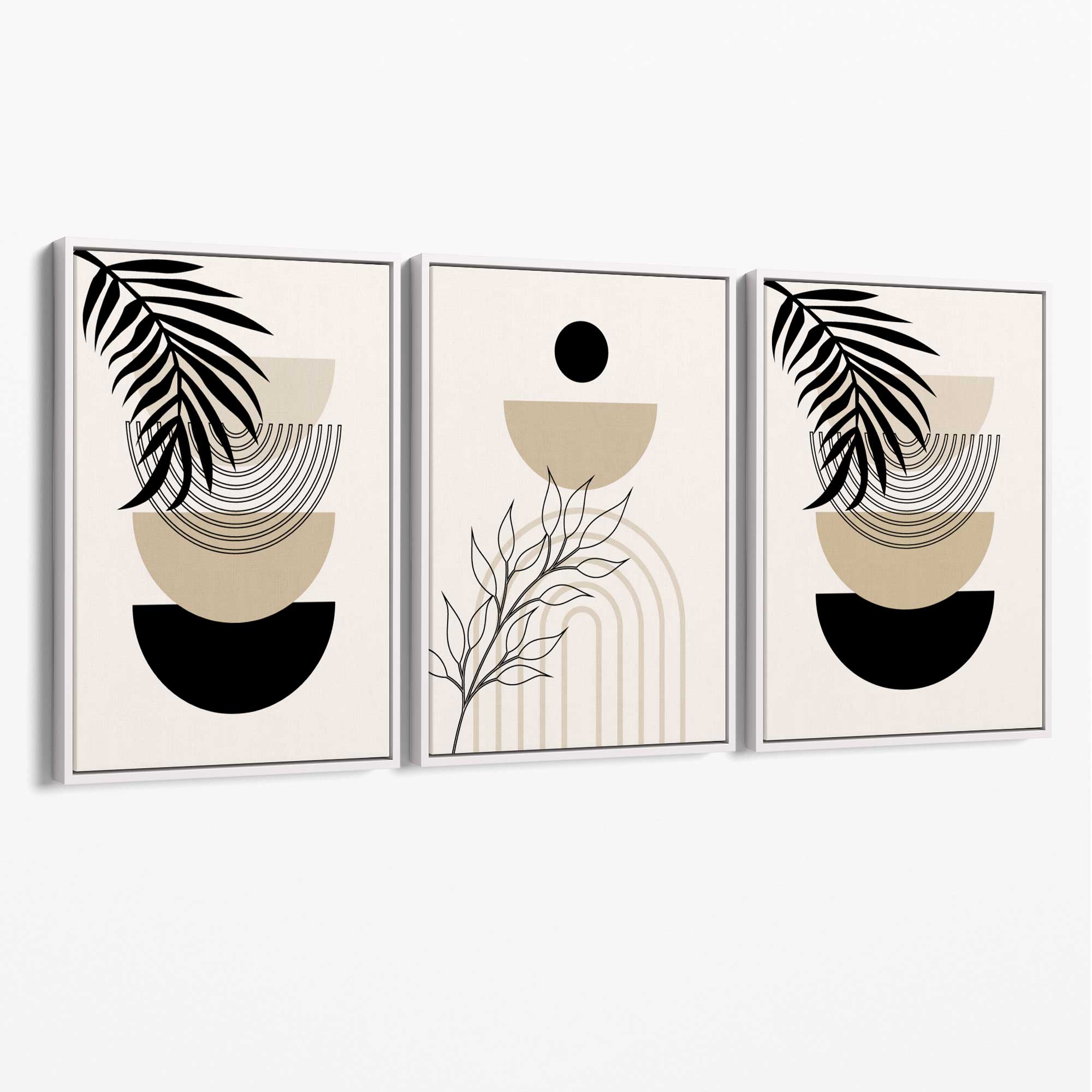 Set of 3 Boho Floral Beige and Black Canvas Art Prints with White Float Frame