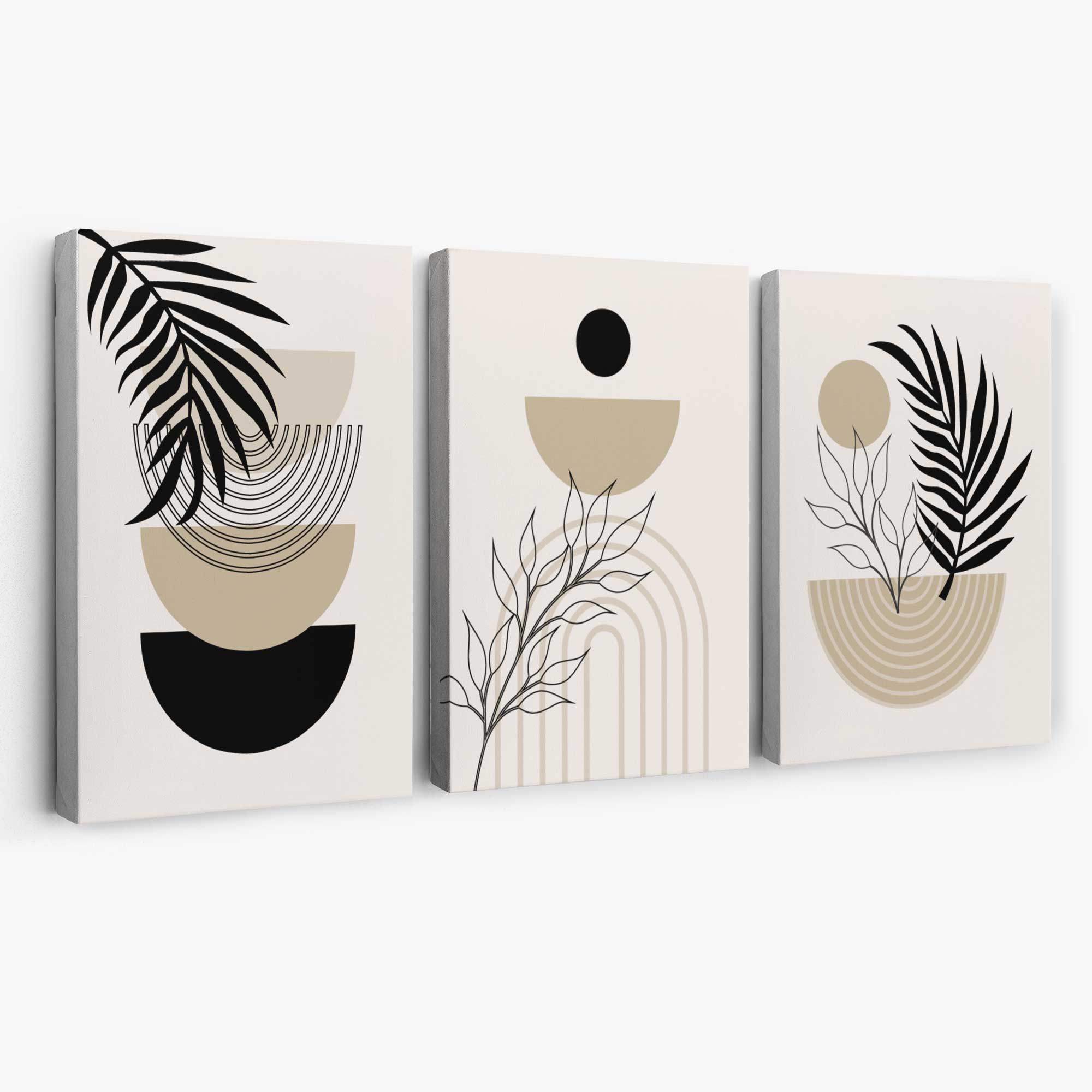 Set of 3 Boho Floral Beige and Black Canvas Art Prints | Artze Wall Art