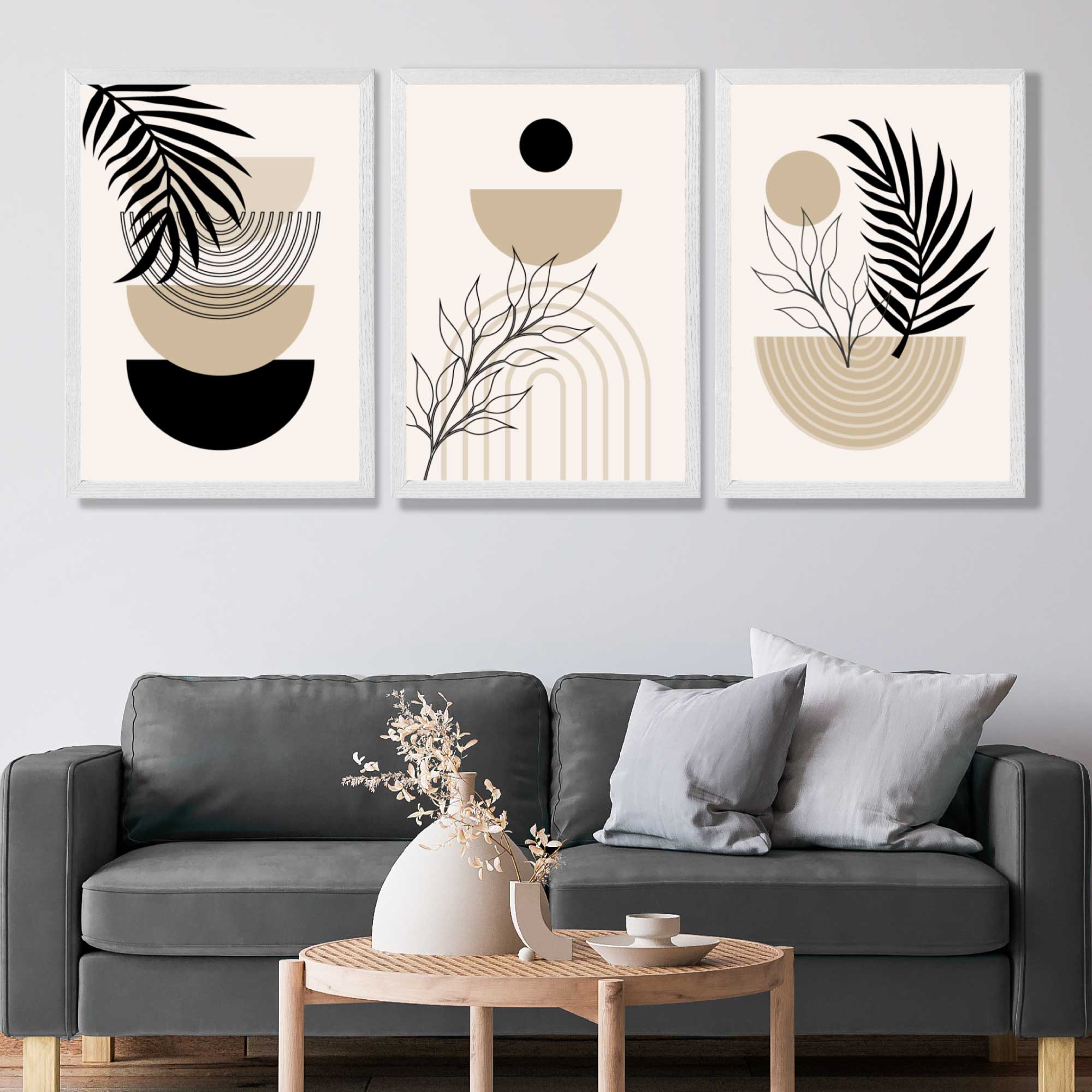 Set of 3 Boho Floral Beige and Black Art Prints in White Frames | Artze UK