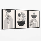 Set of 3 Boho Floral Geometric Grey and Black Canvas Art Prints with Black Float Frame