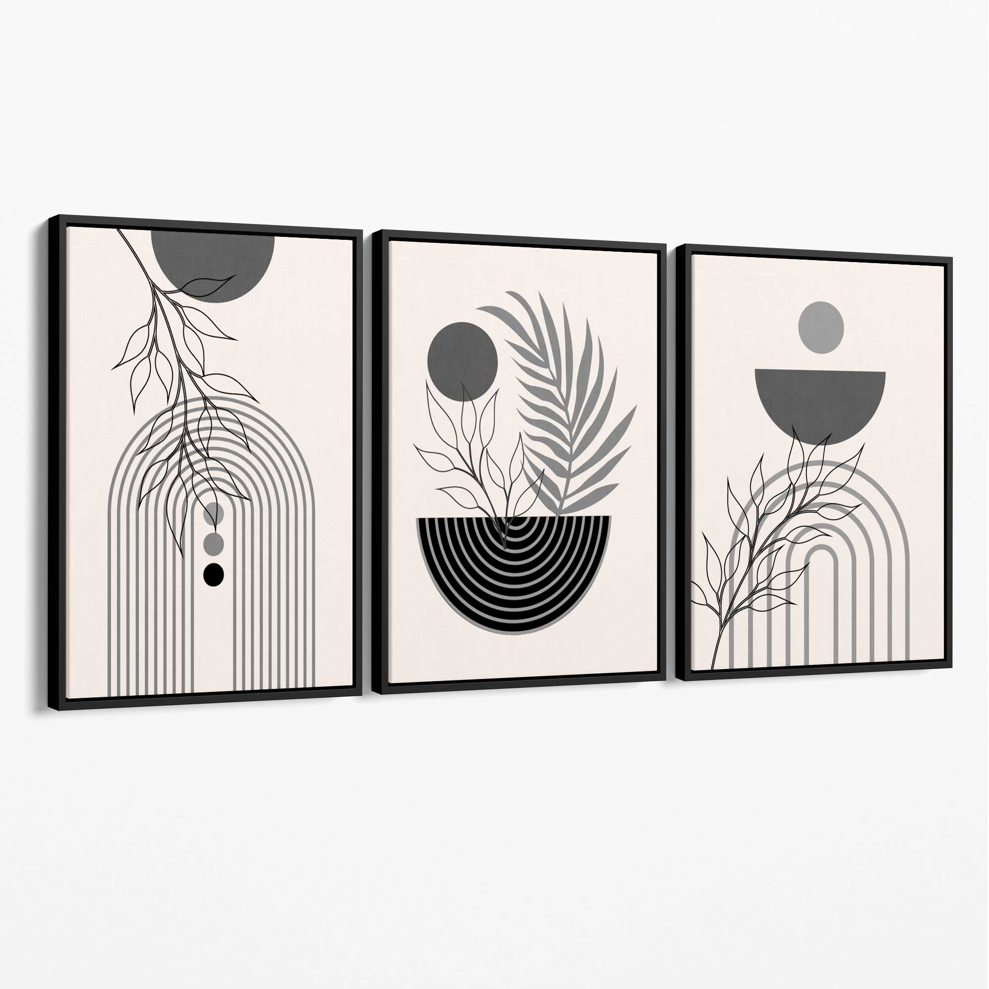 Set of 3 Boho Floral Geometric Grey and Black Canvas Art Prints with Black Float Frame