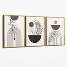 Set of 3 Boho Floral Geometric Grey and Black Canvas Art Prints with Gold Float Frame