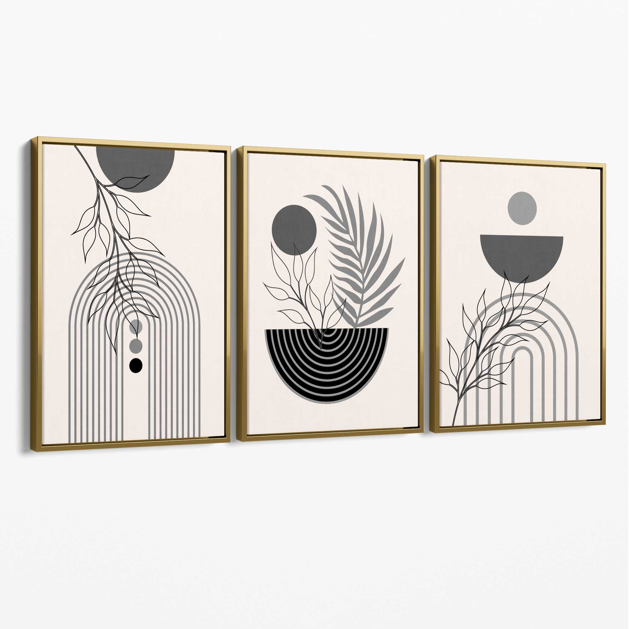 Set of 3 Boho Floral Geometric Grey and Black Canvas Art Prints with Gold Float Frame