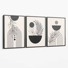 Set of 3 Boho Floral Geometric Grey and Black Canvas Art Prints with Grey Float Frame