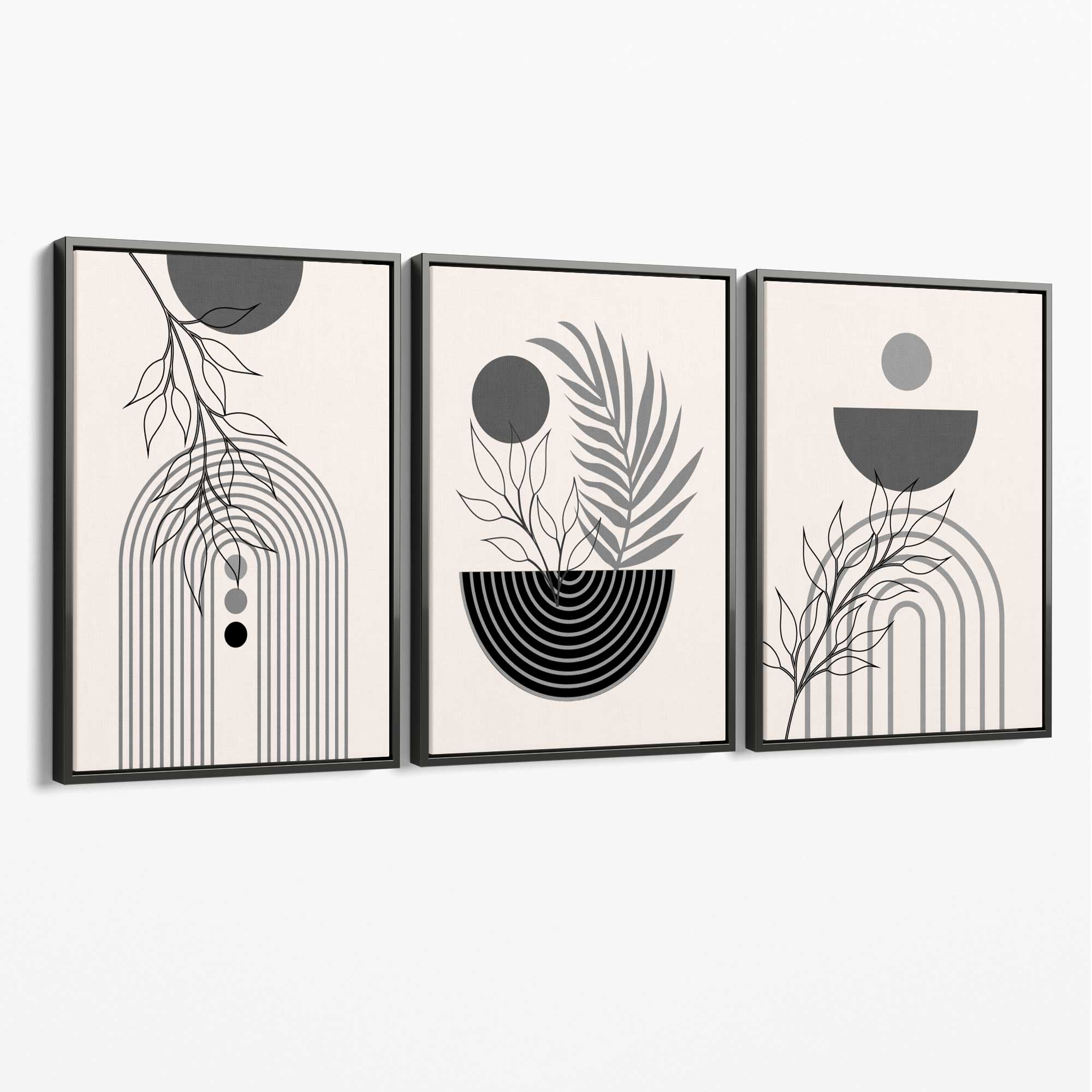 Set of 3 Boho Floral Geometric Grey and Black Canvas Art Prints with Grey Float Frame