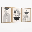 Set of 3 Boho Floral Geometric Grey and Black Canvas Art Prints with Oak Float Frame
