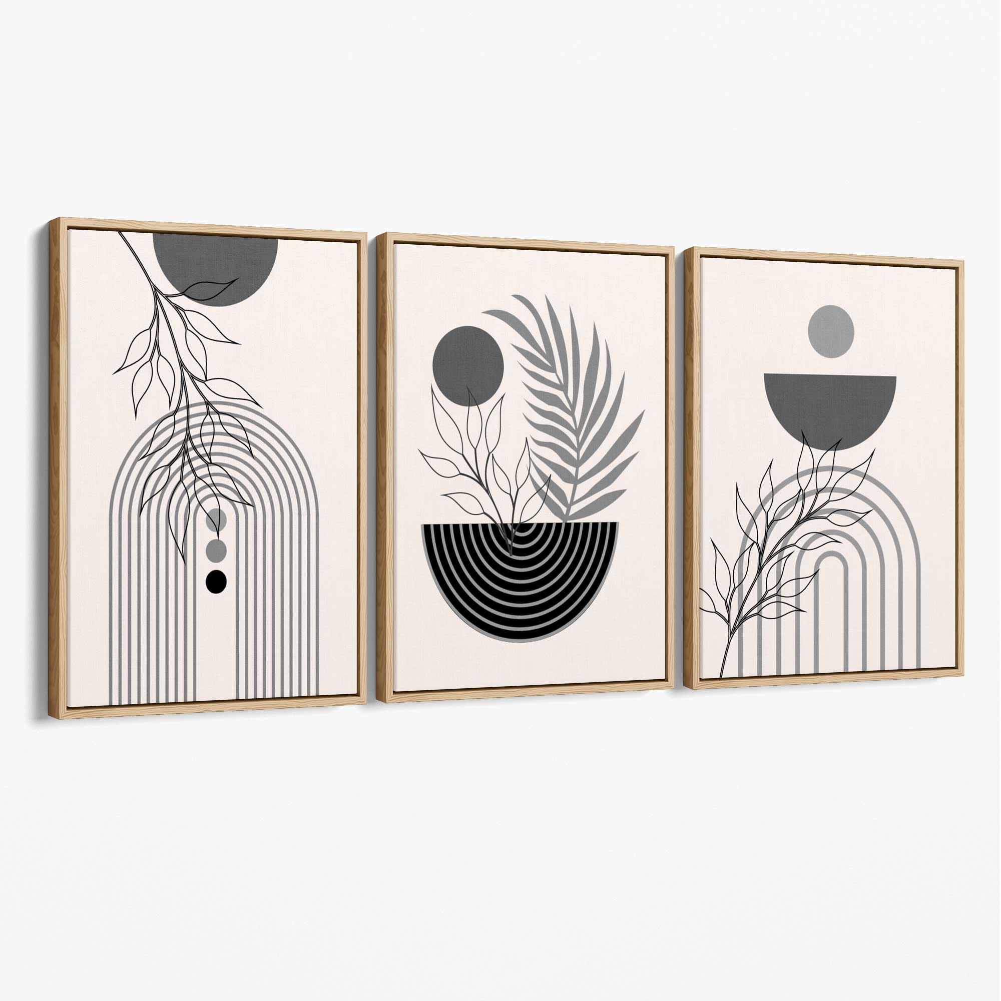 Set of 3 Boho Floral Geometric Grey and Black Canvas Art Prints with Oak Float Frame