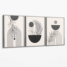 Set of 3 Boho Floral Geometric Grey and Black Canvas Art Prints with Silver Float Frame