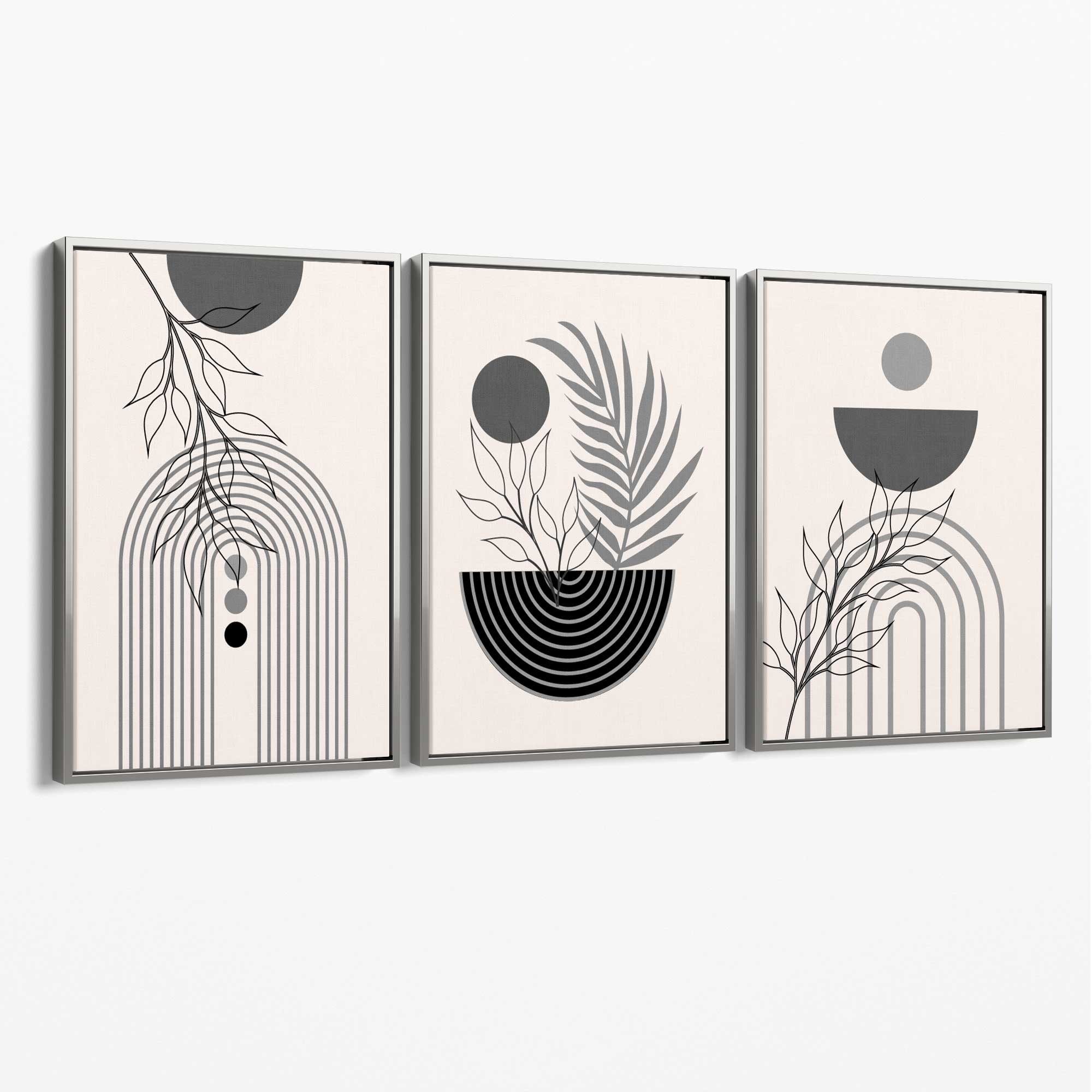 Set of 3 Boho Floral Geometric Grey and Black Canvas Art Prints with Silver Float Frame