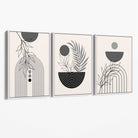 Set of 3 Boho Floral Geometric Grey and Black Canvas Art Prints with White Float Frame