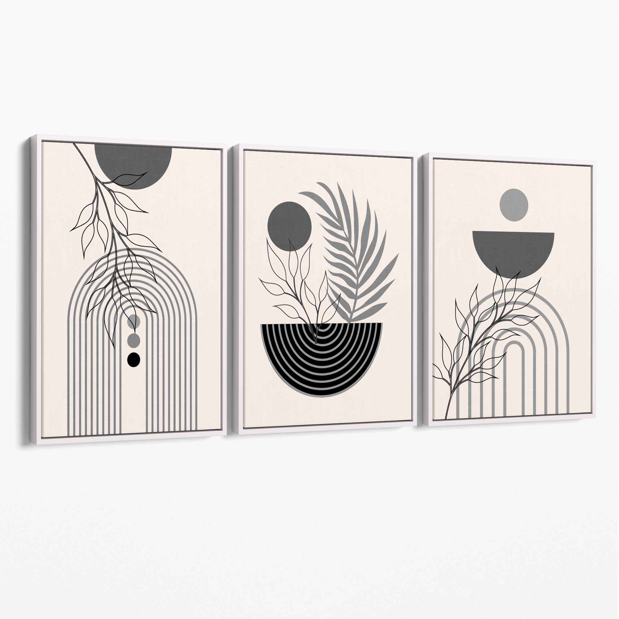Set of 3 Boho Floral Geometric Grey and Black Canvas Art Prints with White Float Frame