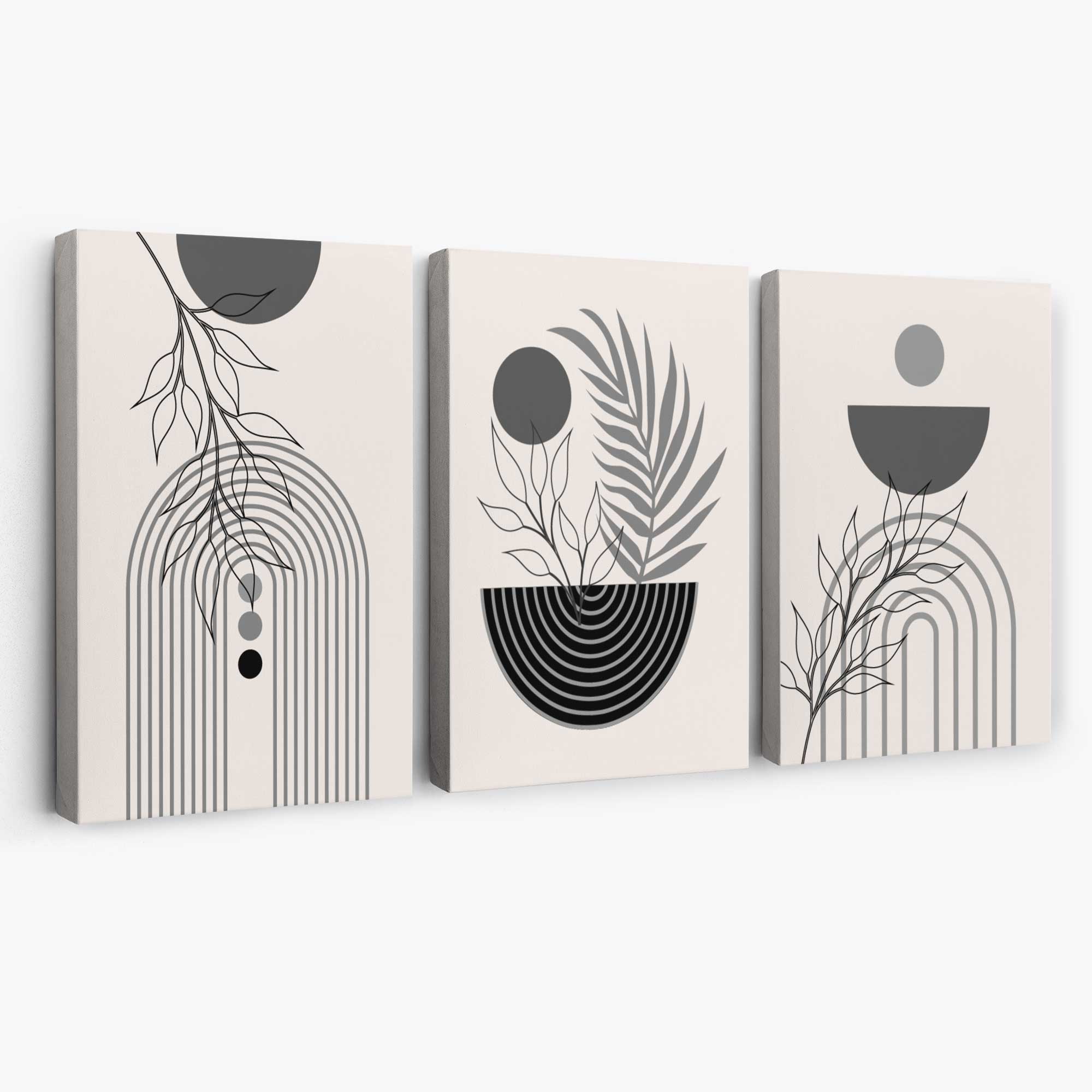 Set of 3 Boho Floral Geometric Grey and Black Canvas Art Prints | Artze Wall Art