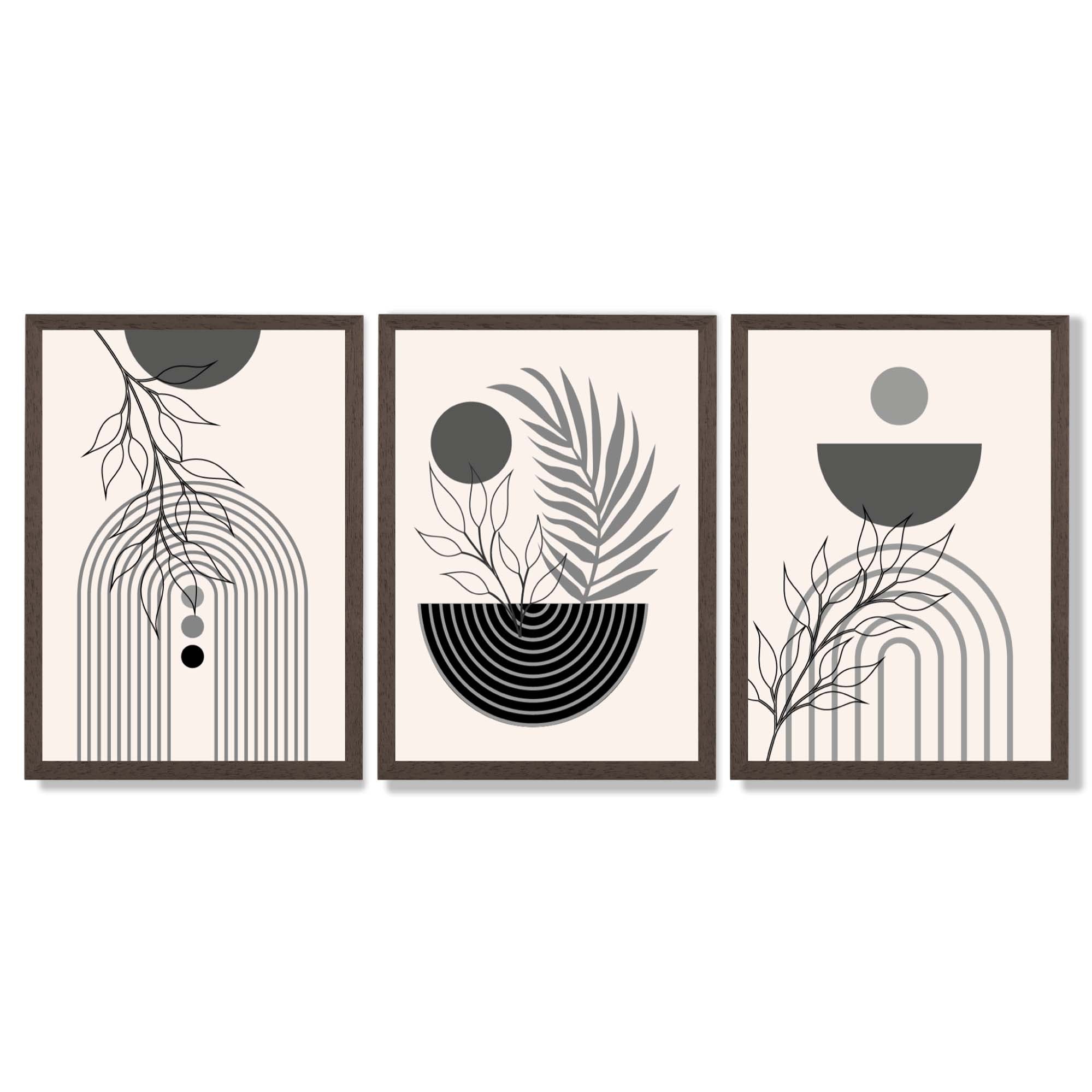 Set of 3 Boho Floral Geometric Grey and Black Framed Art Prints with Dark Wood Frames