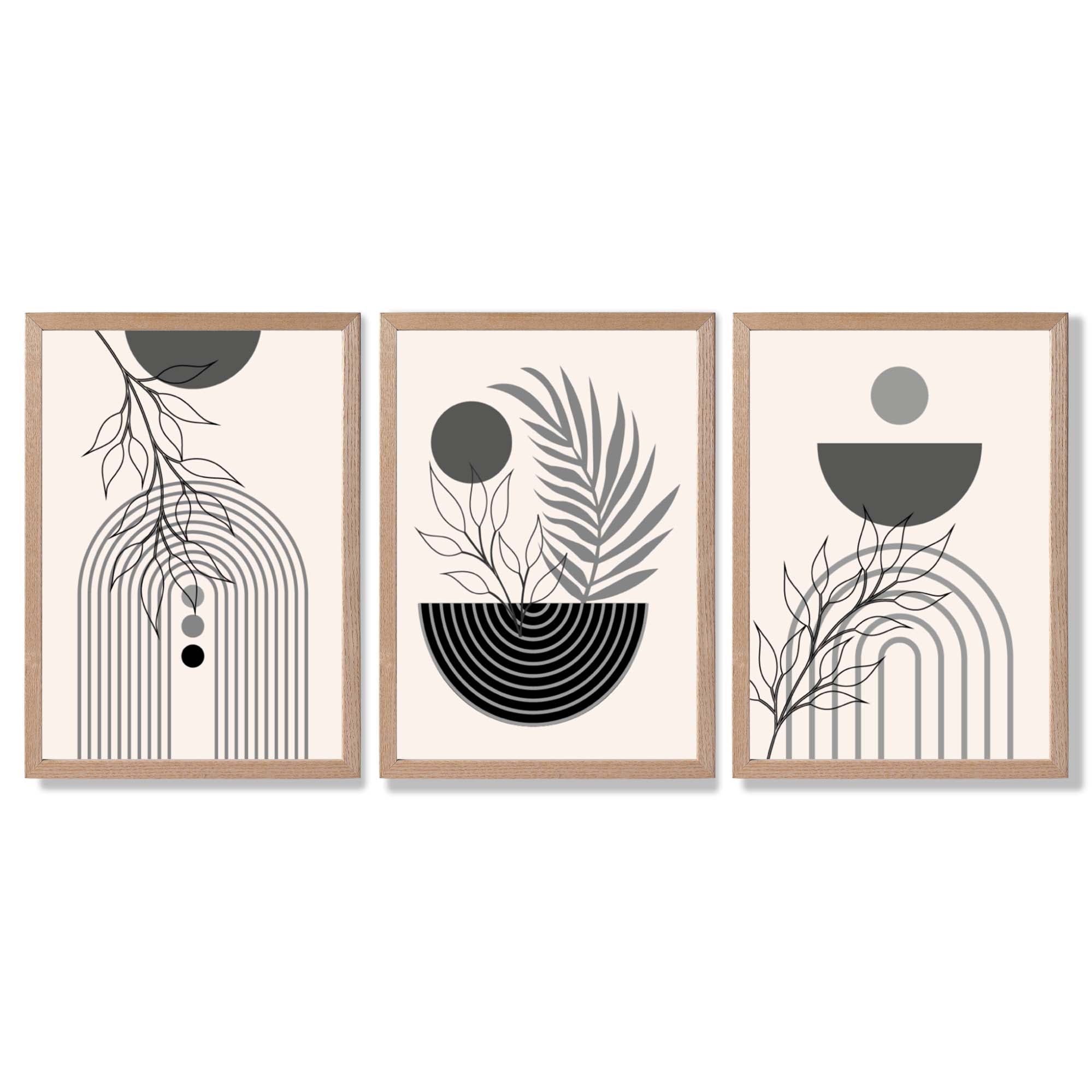 Set of 3 Boho Floral Geometric Grey and Black Framed Art Prints with Light Oak Frames