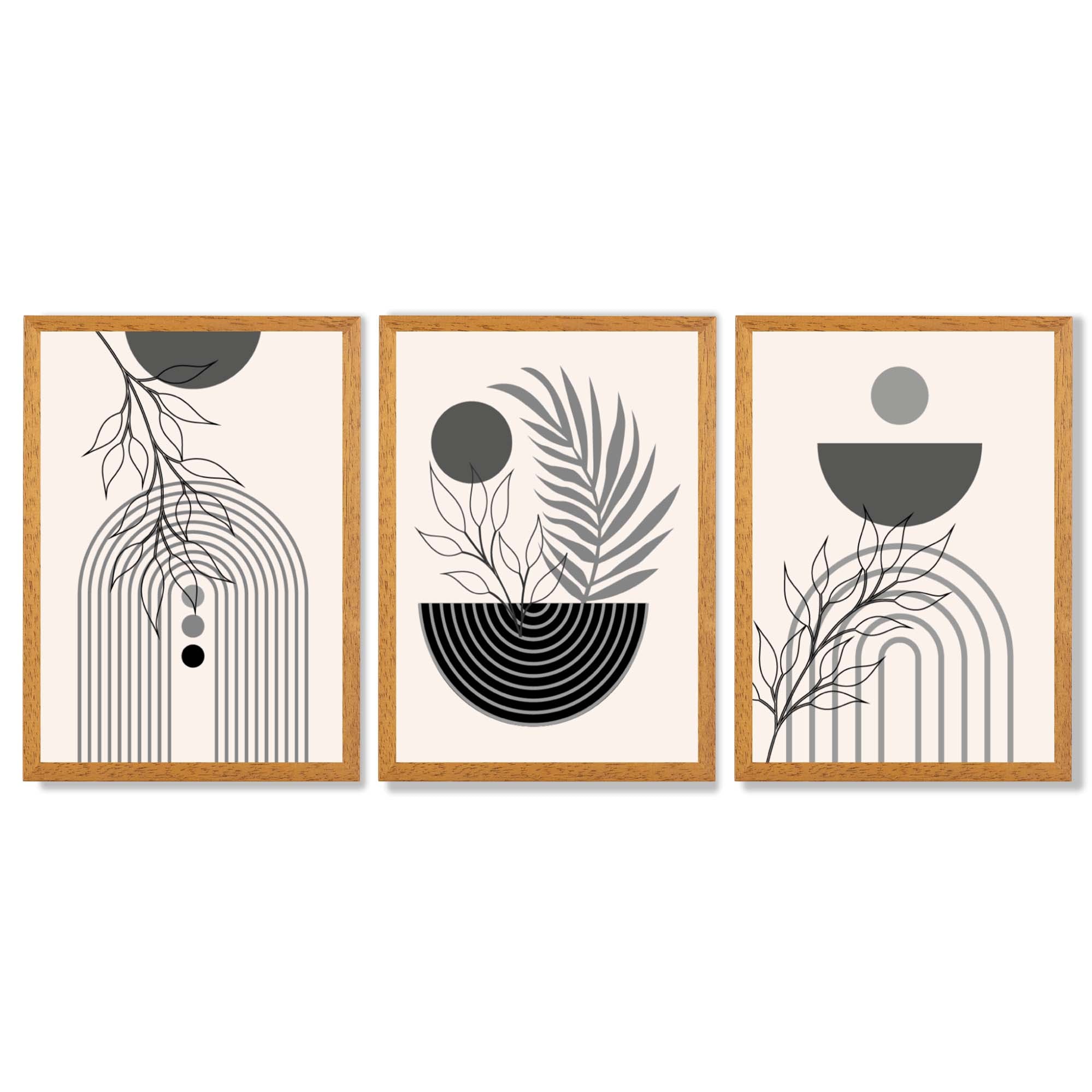 Set of 3 Boho Floral Geometric Grey and Black Framed Art Prints with Oak Wooden Frames