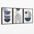 Set of 3 Boho Floral Geometric Navy and Blue Canvas Art Prints with Black Float Frame
