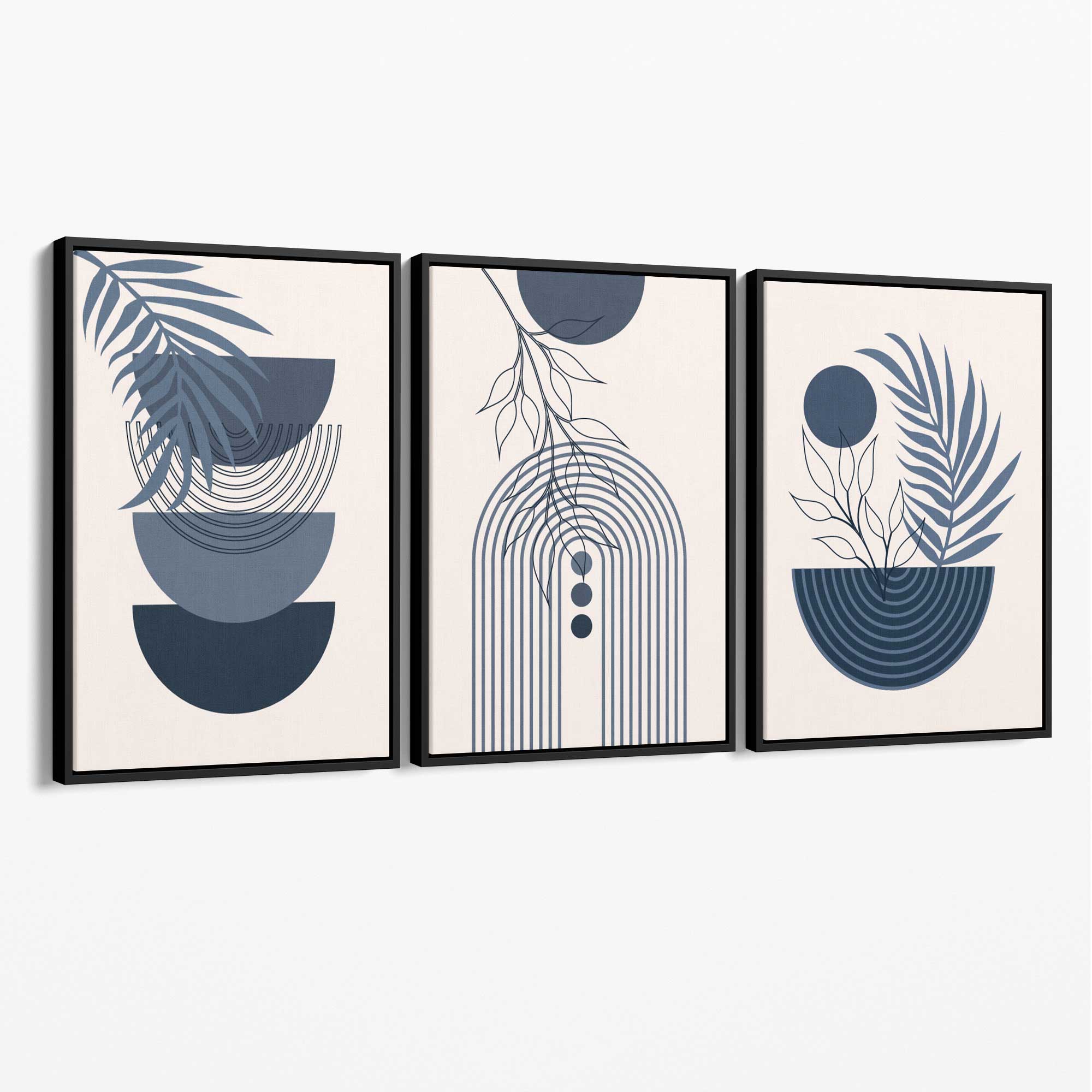 Set of 3 Boho Floral Geometric Navy and Blue Canvas Art Prints with Black Float Frame