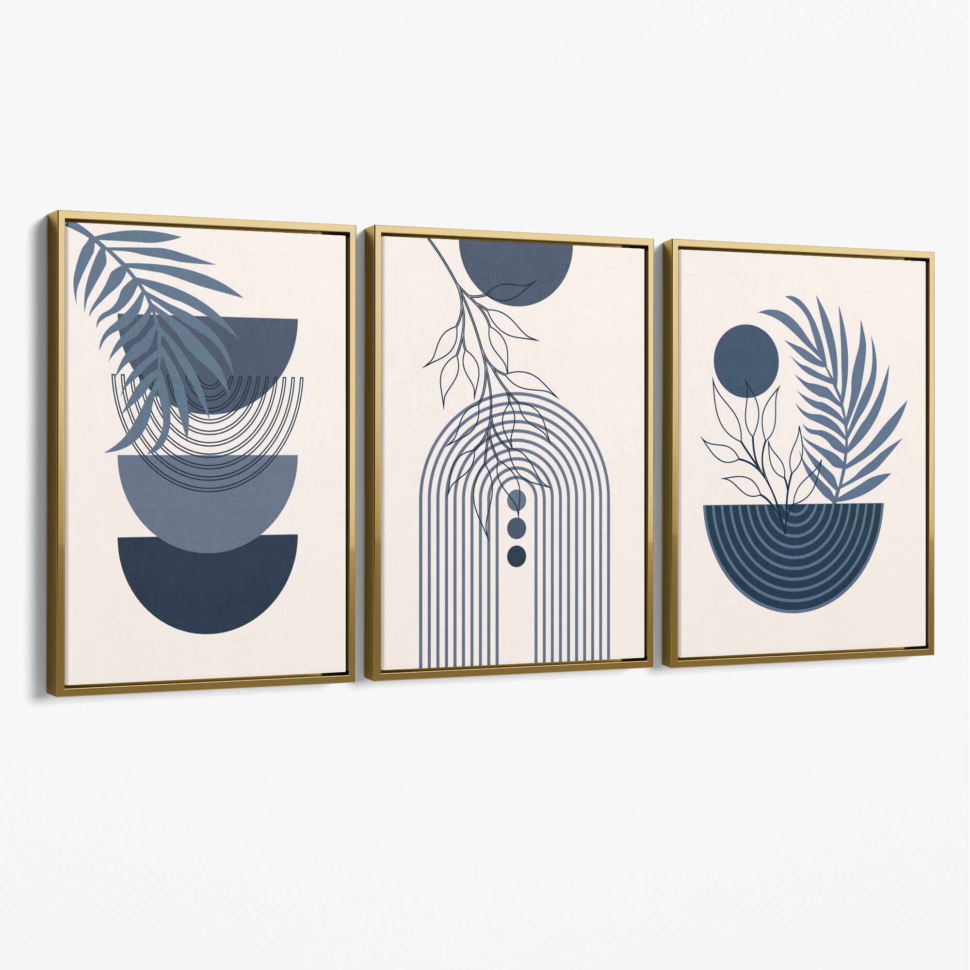 Set of 3 Boho Floral Geometric Navy and Blue Canvas Art Prints with Gold Float Frame