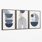 Set of 3 Boho Floral Geometric Navy and Blue Canvas Art Prints with Grey Float Frame