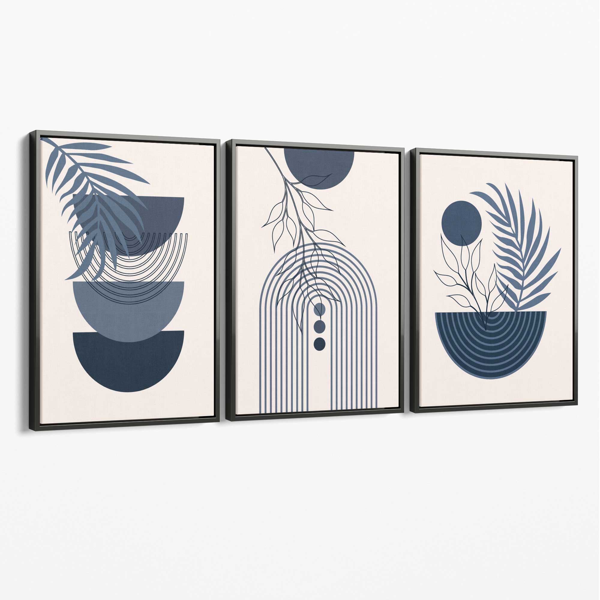 Set of 3 Boho Floral Geometric Navy and Blue Canvas Art Prints with Grey Float Frame