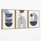 Set of 3 Boho Floral Geometric Navy and Blue Canvas Art Prints with Oak Float Frame