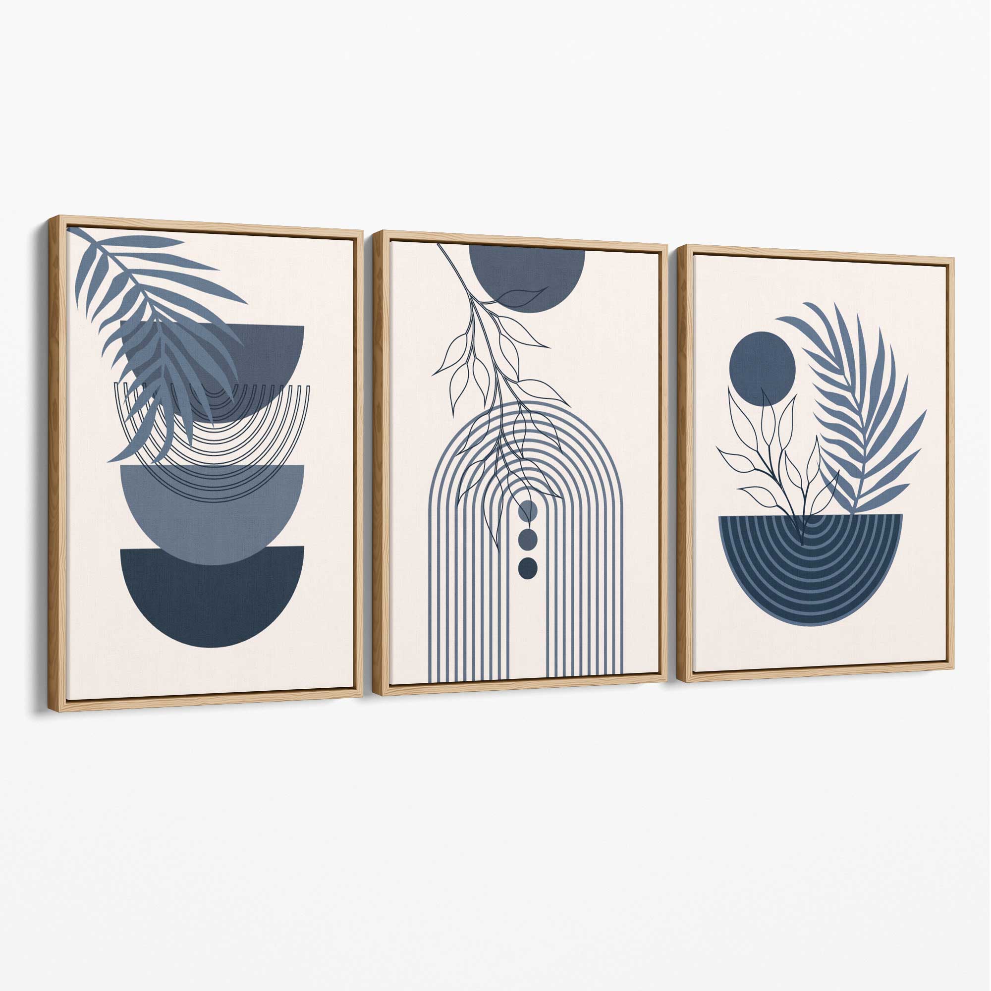 Set of 3 Boho Floral Geometric Navy and Blue Canvas Art Prints with Oak Float Frame