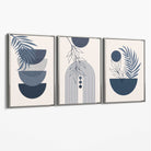 Set of 3 Boho Floral Geometric Navy and Blue Canvas Art Prints with Silver Float Frame