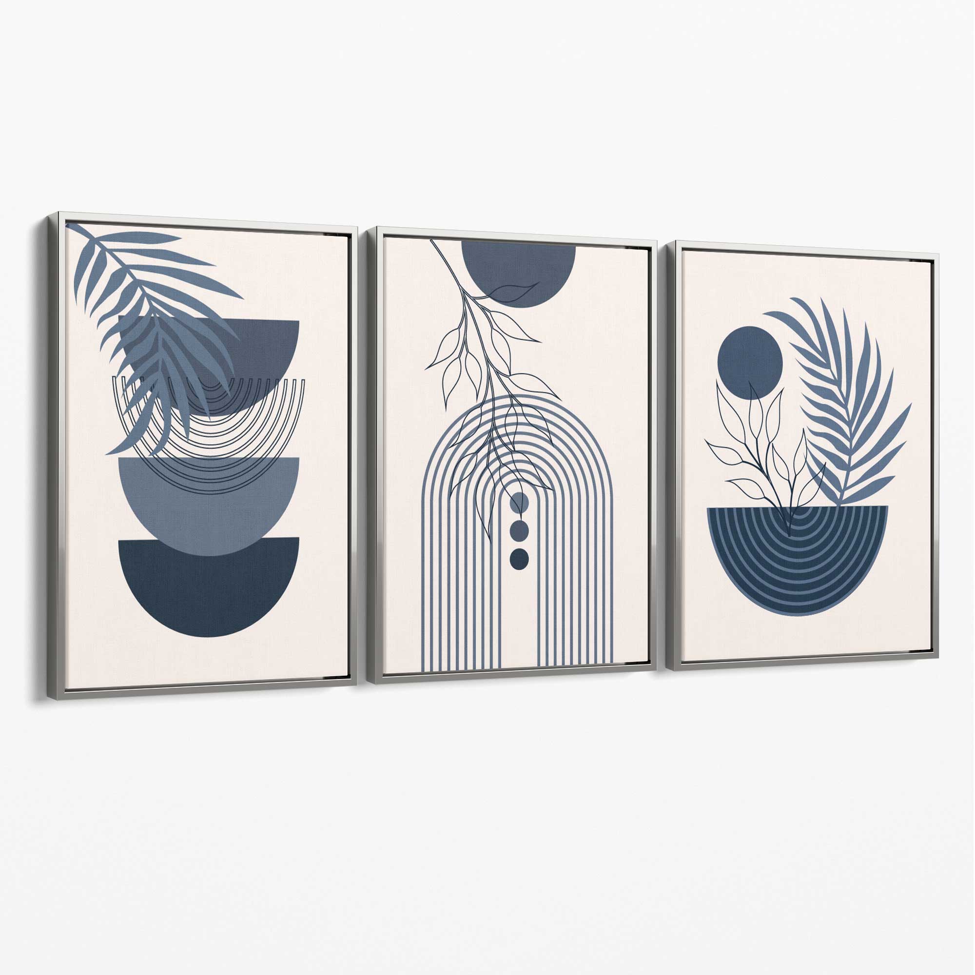 Set of 3 Boho Floral Geometric Navy and Blue Canvas Art Prints with Silver Float Frame