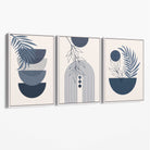 Set of 3 Boho Floral Geometric Navy and Blue Canvas Art Prints with White Float Frame